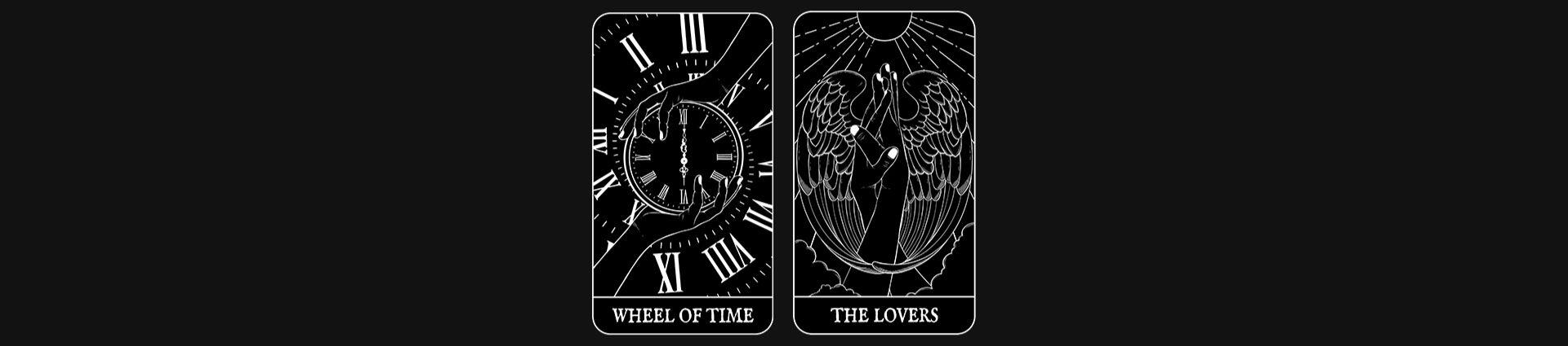 a transparent image showcasing grey outlines of a tarot spread based on musical theatre shows. at the moment, there are two cards for two shows: groundhog day and rent.