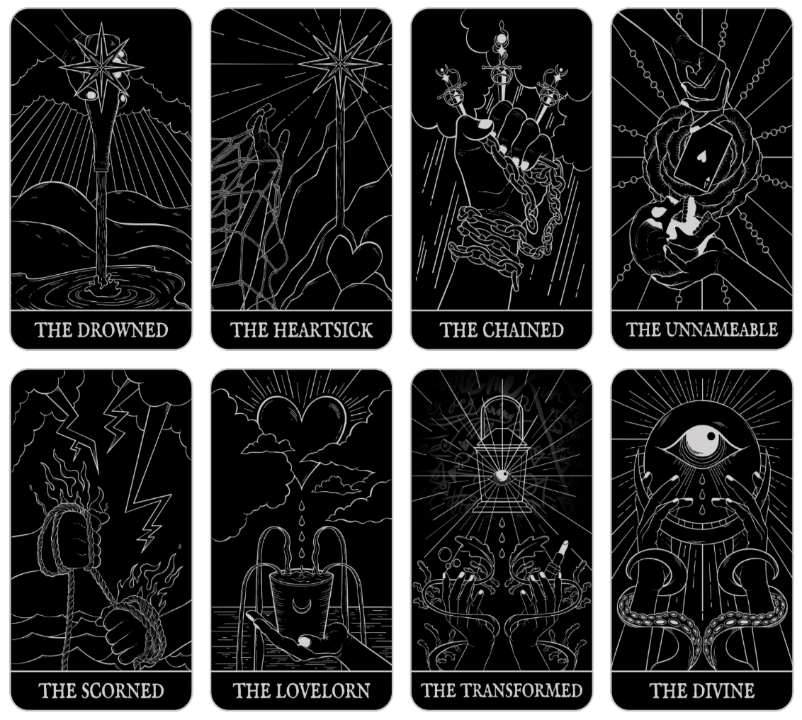 a transparent image showcasing grey outlines of a tarot spread based on love lust lost, an immersive theatre experience. there are eight in total, based on the eight characters of the show.