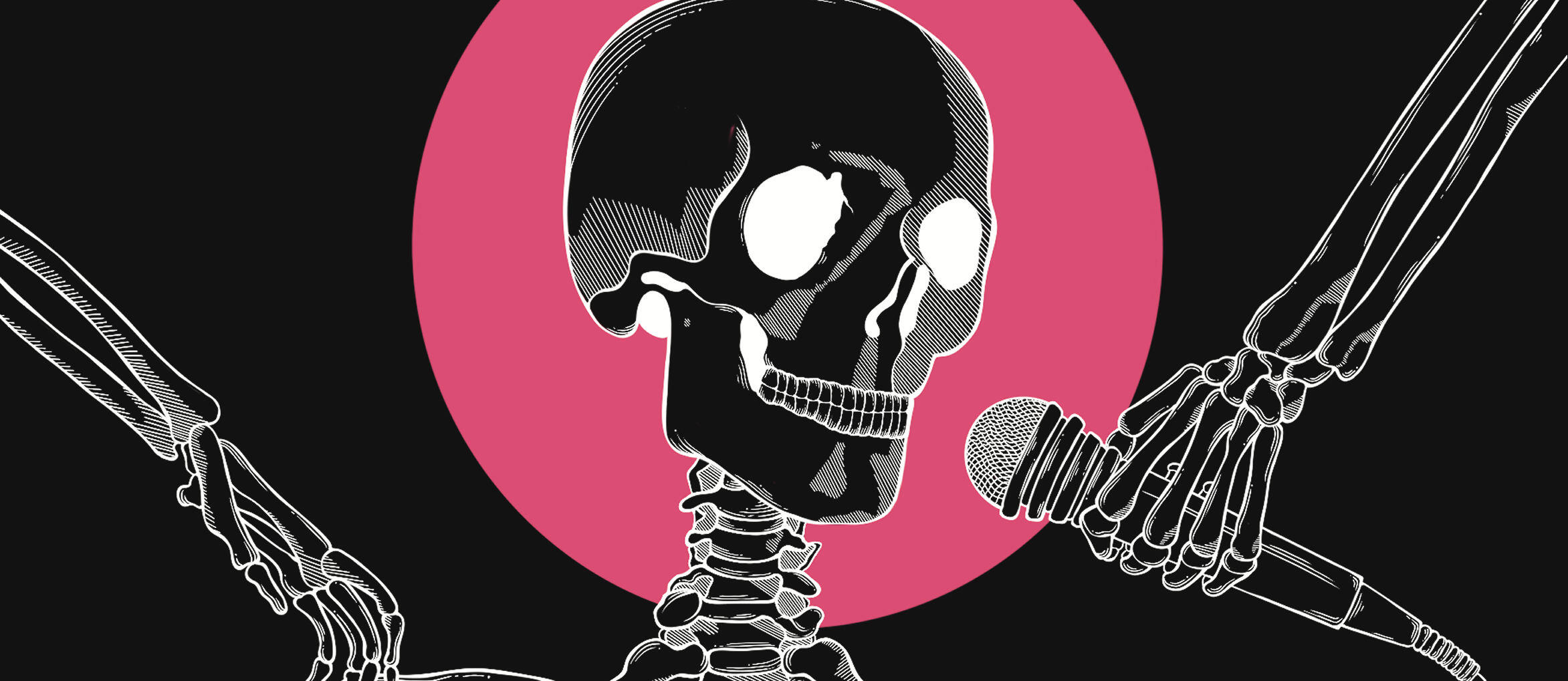 an image featuring a skeleton with a solid pink halo behind its head, with skeleton hands around it, one holding a microphone, on a dark background.