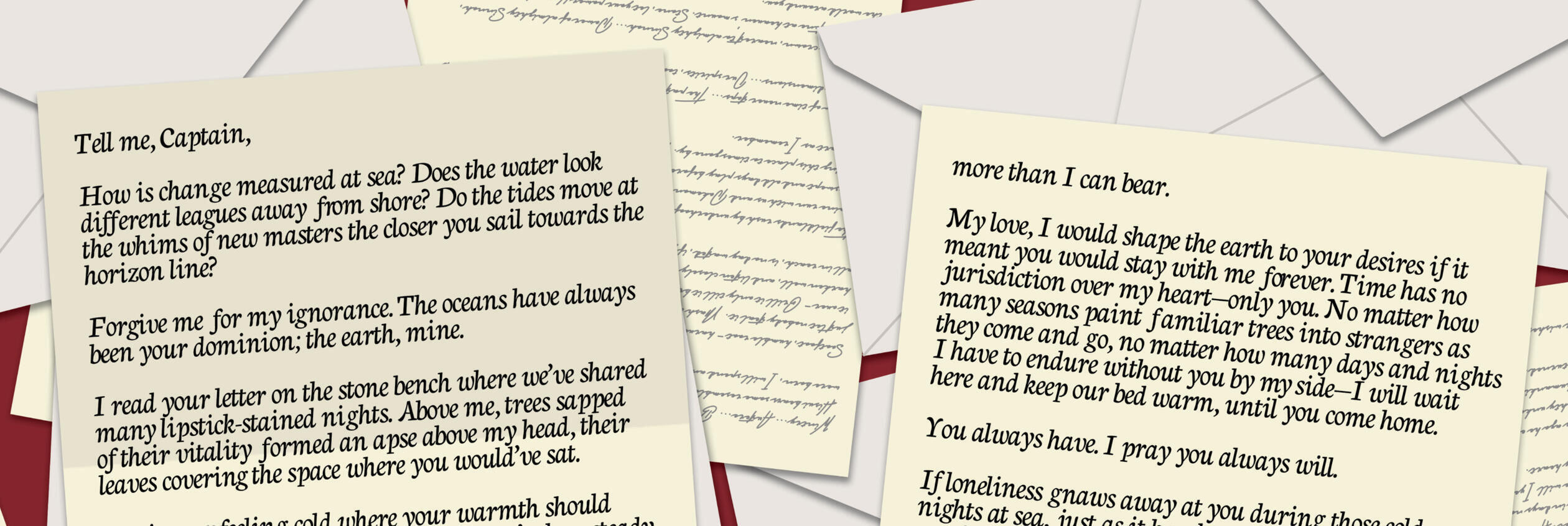 on a red background, images of white envelopes and parchment paper, bearing a love letter in black font.